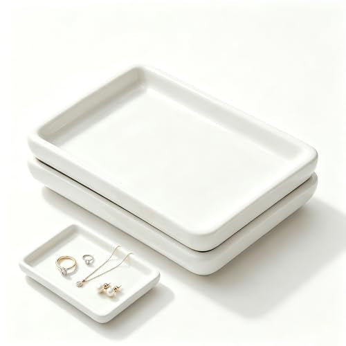 Square Minimalist Ceramic Ring Dish, White Jewelry Tray for Women, Modern Vanity Decor & Organizer, Ideal Engagement Wedding Birthday for Friend Sister - color: White, size: 2 Pack