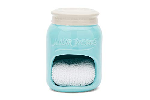 Fox Run Ceramic Mason Jar Holder with Sponge, 3.5 x 3.5 x 5 inches, Blue - style: Sponge Holder