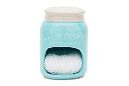 Fox Run Ceramic Mason Jar Holder with Sponge, 3.5 x 3.5 x 5 inches, Blue - style: Sponge Holder