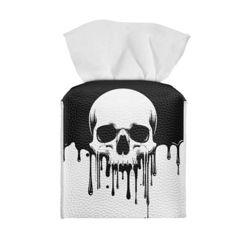 Drip Skull Square PU Leather Tissue Box Cover | Stain-resistant faux leather easy to wipe clean Skull pattern excellent for goth aesthetic room, bar decor and gift giving - color: Black White Drip Skull