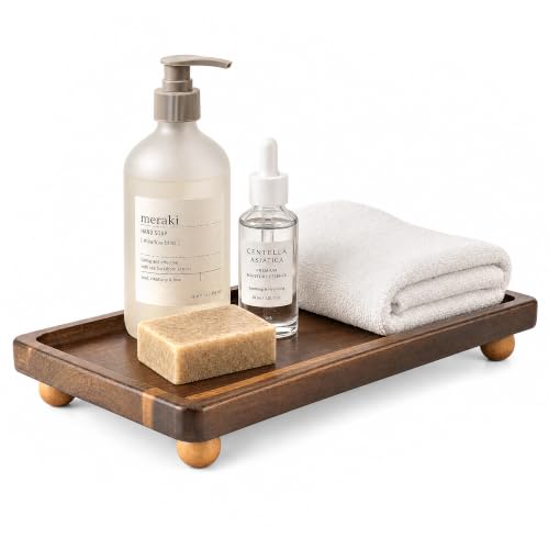 Acacia Wood Rustic Bathroom Tray for Kitchen Counter, Sink, Vanity, Brown | Acacia Wood, Raised ball feet, Rounded edge, Water-resistant finish, Wooden soap dish tray, Bathroom & kitchen organizer - color: Acacia Wood