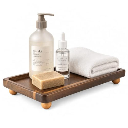 Acacia Wood Rustic Bathroom Tray for Kitchen Counter, Sink, Vanity, Brown | Acacia Wood, Raised ball feet, Rounded edge, Water-resistant finish, Wooden soap dish tray, Bathroom & kitchen organizer - color: Acacia Wood