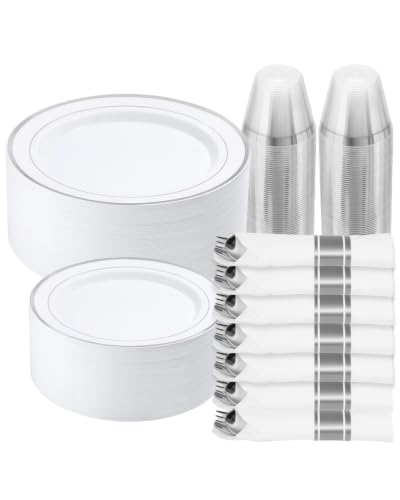 490 Piece Silver Plastic Dinnerware Set for 70 Guests | Disposable Dinnerware Includes: 70 Dinner Plates, 70 Dessert Plates, 70 Pre Rolled Napkins with Silverware, 70 Cups - color: Silver, style: 490 Piece (70 guests)