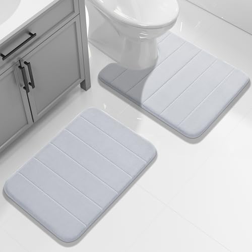 Yimobra U-Shaped Toilet Bath Mat Set 2 Piece - Super Soft Absorbent Quick Dry Memory Foam Bathroom Rugs, Machine Washable Non Slip Floor Carpet for Tub Shower & Single Sink (17x24 & 24x20, Silver) - color: Silver, size: 24x17+24x20 Inch