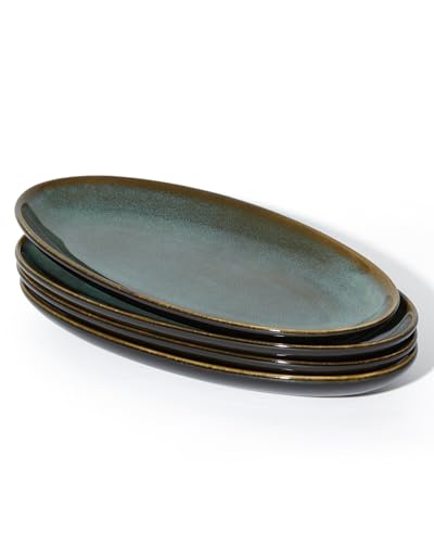 12.8" Oval Serving Platters, Stoneware Party Tray Set for Entertaining, Microwave Safe Large Platter for Fruit/Cheese/Cookie/Sushi/Appetizer, Ceramic Serving Trays Plates of 4, Aurora Green - size: Oval