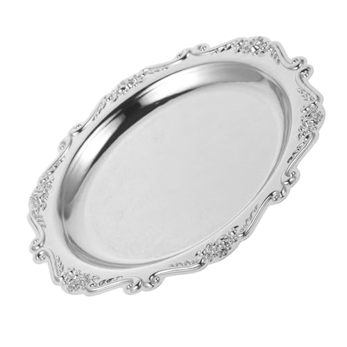 Kichvoe 7 Inch Vintage Resistant Silver Tray Round Iron Serving Platter | Small Silver Serving Tray Platter Sturdy Heat Resistant Iron for Dessert, Jewelry, Home Decor, Wedding Party and Gift