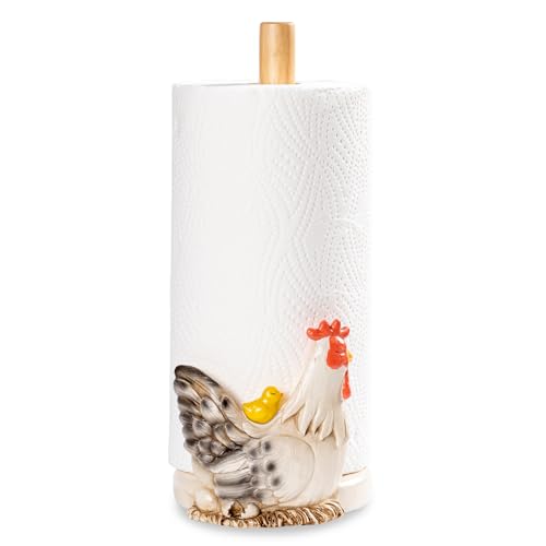 Farmhouse Hen and Chick Countertop Paper Towel Holder Stand with Decoration,Hand-Carved Wood Style for Kitchen Bathroom,2 Pounds Weighted Base for One-Handed Operation - color: B-hen&chick