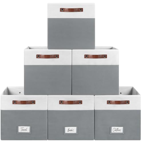 FinishingBo 13 inch Storage Bins with Labels 6 Pack | PU Leather Handles, Foldable Storage Cubes, Storage Baskets, Closet Storage, White/Dark Grey - color: White/Dark Grey, size: 13 x 13 x 13 inch