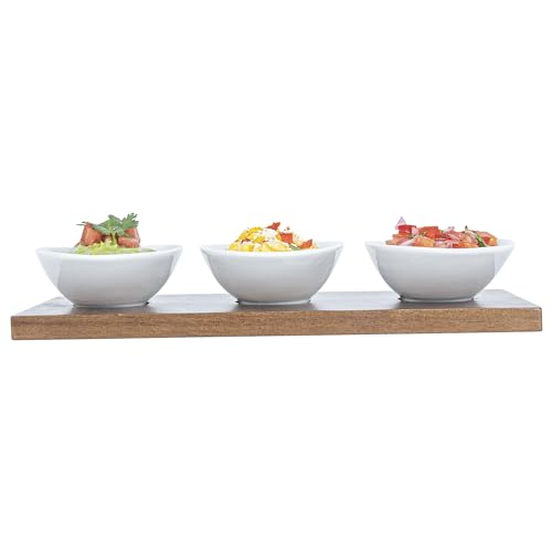 Restaurantware-9 Ounce Bowl Set with Tray - 1 Dishwashable Serving Set, Includes 3 Porcelain Bowls And 1 Bamboo Tray, Durable, White Porcelain And Bamboo Bowl And Platter Kit, Reusable, Freezable - size: Triple set, style: Ellipse