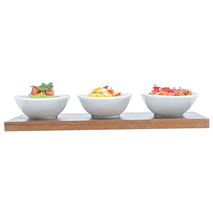 Restaurantware-9 Ounce Bowl Set with Tray - 1 Dishwashable Serving Set, Includes 3 Porcelain Bowls And 1 Bamboo Tray, Durable, White Porcelain And Bamboo Bowl And Platter Kit, Reusable, Freezable - size: Triple set, style: Ellipse