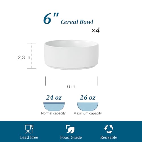 26 OZ Ceramic Cereal Bowls Set, 6 Inch, Set of 4, Modern White | Handcrafted, Dishwasher & Microwave Safe, For Breakfast, Soups, Oatmeal, Ramen, Pho, Udon, Soba - color: White, size: Cereal Bowls Set (4PCS)
