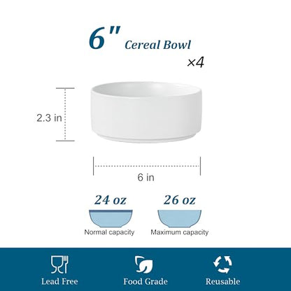 26 OZ Ceramic Cereal Bowls Set, 6 Inch, Set of 4, Modern White | Handcrafted, Dishwasher & Microwave Safe, For Breakfast, Soups, Oatmeal, Ramen, Pho, Udon, Soba - color: White, size: Cereal Bowls Set (4PCS)
