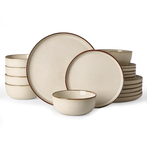 Famiware Milkyway 18-Piece Stoneware Dinnerware Set, Light khaki | Plates and Bowls for 6, Handmade Reactive Glaze Dish Set, Microwave & Dishwasher Safe, Chip & Scratch Resistant - color: Light khaki, size: Service for 6 (Standard Dinner Set)