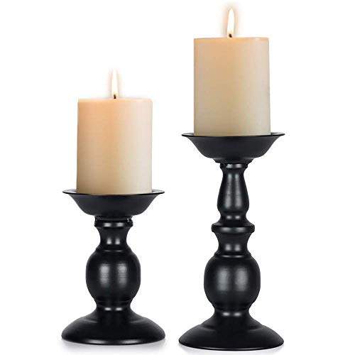 NUPTIO Black Candle Holder for Pillars: Rustic Metal Candle Stands Set | Tall Retro Farmhouse Candleholder 2 Pcs (S + L) for Halloween Fall Easter Fireplace Home Table Centerpiece - color: Black, size: S + L