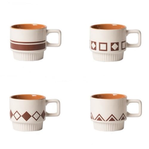 Coffee Mugs Set, Ceramic Espresso Cups, 11 oz, Set of 4, Beige&Brown | for Au Lait, Cappuccino,Latte,Cafe,Mocha,Tea, Geometric Pattern Cups Suit For Housewarming Wedding- - color: Beige