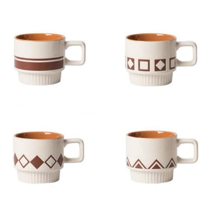 Coffee Mugs Set, Ceramic Espresso Cups, 11 oz, Set of 4, Beige&Brown | for Au Lait, Cappuccino,Latte,Cafe,Mocha,Tea, Geometric Pattern Cups Suit For Housewarming Wedding- - color: Beige