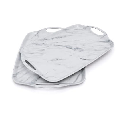 TP Melamine Serving Trays with Handles, 17” x 12”, Set of 2, White Marble | Rectangular Trays, Serving platters for Food and Meat, Party Serving, Lightweight, Break-resistant - color: White Marble, size: 17" x 12"