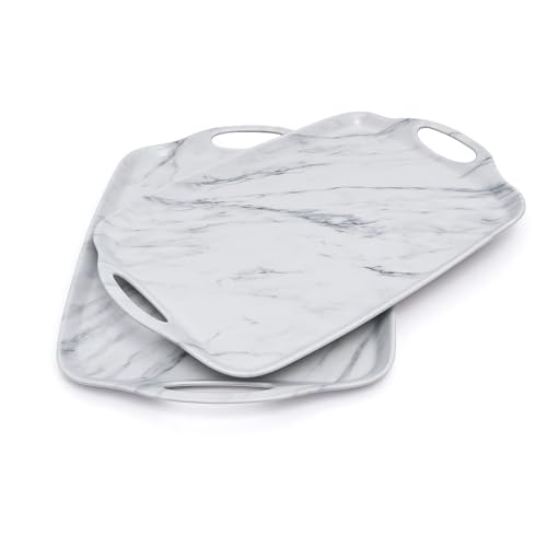 TP Melamine Serving Trays with Handles, 19" x 12", Set of 2, White Marble | Large Rectangular Trays, Serving platters, Turkey and Party Serving, Lightweight, Break-resistant - color: White Marble, size: 19" x 12"