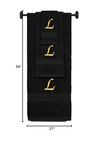 Monogrammed Bath, Hand, Washcloth Cotton Towel Set, Personalized Gift 3Pc-L - color: Black & Gold, size: Initial L