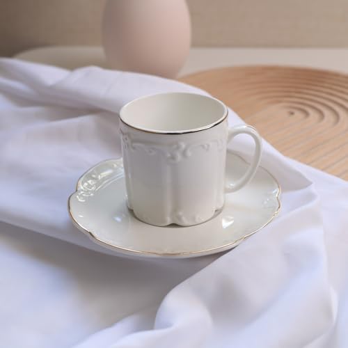 GuangYang 3oz Fine Porcelain Espresso Cups and Saucers,Embossed White with Gold Trim, Demitasse Cup Set for Espresso,Double Espresso,Macchiato,After-dinner coffee servings