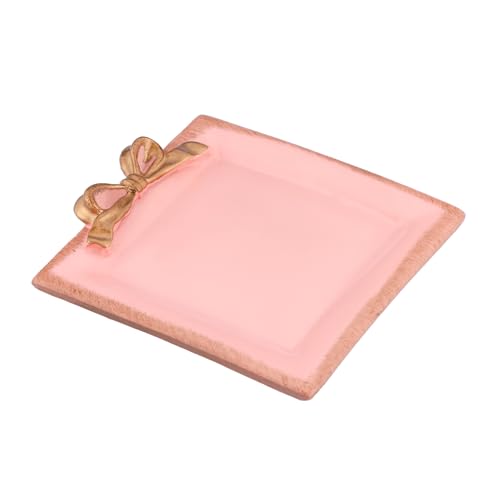 IBWell 4 Inch Jewelry Tray for Home Decor Vintage Bow-Knot Trinket Dish for Bedroom Vintage Square Vanity Tray for Dresser Pink Jewelry Dish Tray for Rings Bracelets Earrings - color: Pink