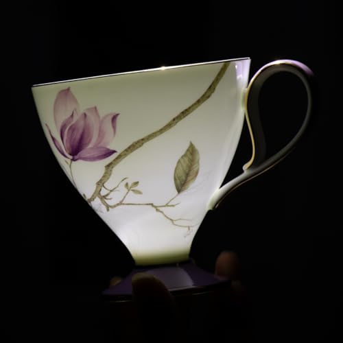 KAMMAK Ceramic Coffee Cups Saucers Set of 2, Porcelain Espresso Cups with Saucers, 8.12 oz Handcrafted Elegant Bone China Tea Cups, Purple Hibiscus & Iris Flower Pattern Teacup for Party, Office, Gift - color: Strolling in the Flower Garden (Hibiscus + Ir
