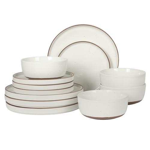 Gibson Elite Northrock Stoneware Dinnerware Set, 12-Piece Service for 4 Plates and Bowls Set – White Dishes with Hand-Painted Terracotta Base - color: White (Northrock), size: Service for 4 (12pcs)