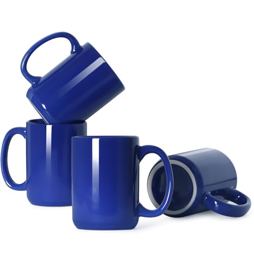 15 OZ Coffee Mugs, Classic Blank Ceramic Cup with Large Handle for Tea Latte Cappuccino, Set of 4, Blue - color: Blue