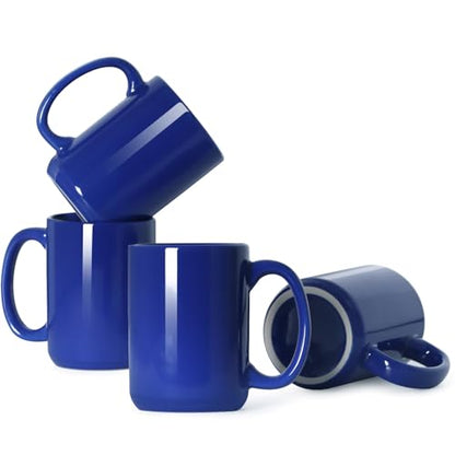 15 OZ Coffee Mugs, Classic Blank Ceramic Cup with Large Handle for Tea Latte Cappuccino, Set of 4, Blue - color: Blue