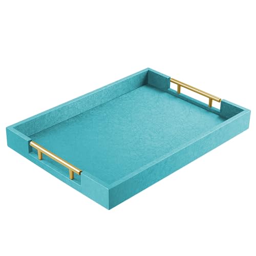 ATZYmolin 17"x12" Leather Serving Tray, Gold Handle Vanity Platter, Blue | Rectangle Ottoman Decor Tray, Polished Metal Handles, Coffee Table Bathroom Home Decorative Wood Tray - color: Blue, size: 17" x 12" x 1.8"