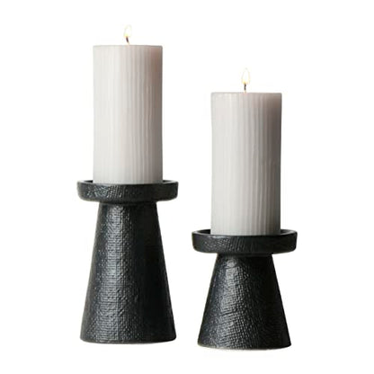 Main + Mesa Stoneware Pillar & Taper Candle Holders, Set of 2 - color: Black, size: Set of 2