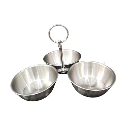 Snack Serving Bowl, 3 Compartment Stainless Steel Snack Stand with Bowls, Divided Serving Tray for Candy Dessert Snacks, Silver