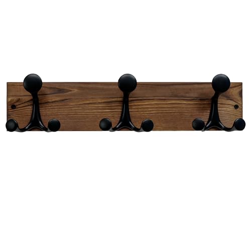 SKOLOO 17-Inch Wood Coat Rack Wall Mount with 3 Triple Hooks - Ideal for Family Entrances, Classrooms, and Pet Supplies Storage - Perfect Coat Hooks for Wall,Charred Golden Brown - color: Charred Golden Brown, size: 17 inch with 3 hooks