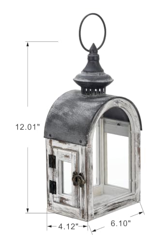 12" High Wooden Dome Lantern Made of Solid Fir Wood and Real Glass in Whitewash Finish with Grey Metal Top, Hurricane Lantern, Farmhouse Lantern (Whitewash, 6"x4.4") - color: Whitewash, size: 6"x4.4"