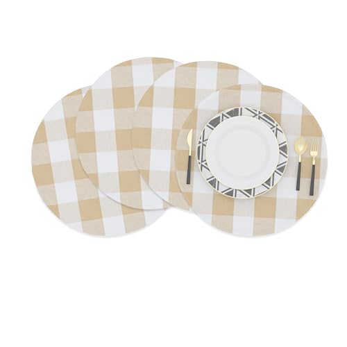 Beige & White Round Placemat Cotton Buffalo Check Plaid Gingham 15 Inch eco-Friendly Fabric Handcrafted Machine Washable Indoor & Outdoor Tablemat Set of 4 - color: Plaids Beige & White, size: Round Placemats 15"