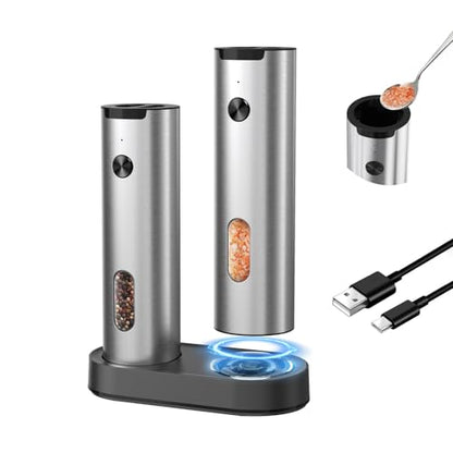 CIRCLE JOY Electric Salt and Pepper Grinder Set, Stainless Steel Rechargeable Pepper Mill Set with Charging Base, 110ML Top-Fill, Adjustable Coarseness, LED Light, One-Hand Operation, Gift Idea - color: Silver