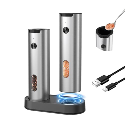 CIRCLE JOY Electric Salt and Pepper Grinder Set, Stainless Steel Rechargeable Pepper Mill Set with Charging Base, 110ML Top-Fill, Adjustable Coarseness, LED Light, One-Hand Operation, Gift Idea - color: Silver
