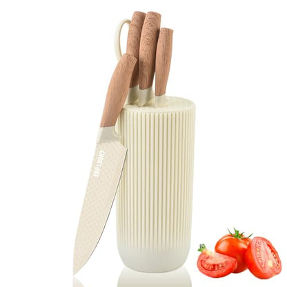 Knife Set, Wiztoynia 6-Piece Beige Kitchen Knife Set for Home, Anti-Rust Non-stick Stainless Steel Sharp Chef Knife Set with Universal Knife Block for Kitchen, Ergonomical Design (Beige) - color: Beige