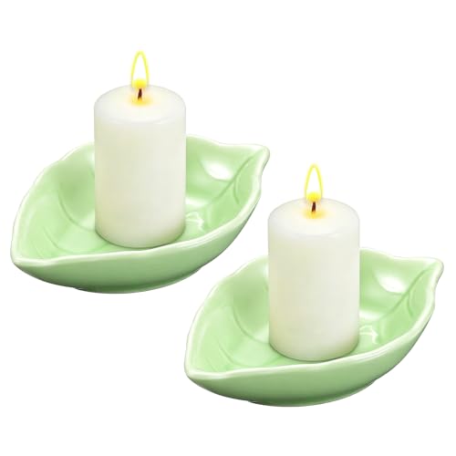uxcell 2Pcs Ceramic Candle Holder Plates, 4.3 x 3'' Leaf Shaped Candlestick Holder Decorative Dish Small Candle Plate for Tea Light Aromatherapy Wedding Rustic Vintage Home, Light Green - color: Light Green