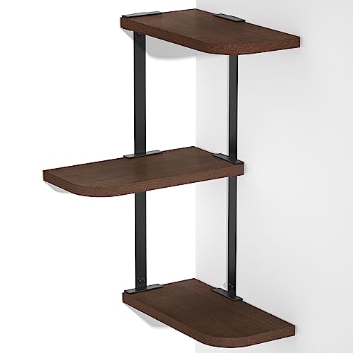Love-KANKEI Corner Wall Shelf 3 Tier,Solid Wood with Bracket,17"Tall,Walnut | Floating Wall Shelves,Easy to Install,Capacity 26 Lbs,For Bedroom Living Room Bathroom Kitchen Office Display,Wall Decor - color: Dark Walnut