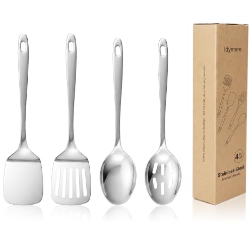 4PCS Stainless Steel Kitchen Cooking Utensils Spatula & Spoons Set | Solid & Slotted Turners, Serving & Slotted Spoons, Heat Resistant, For Flipping Fish, Eggs and Pancakes, Dishwasher Safe