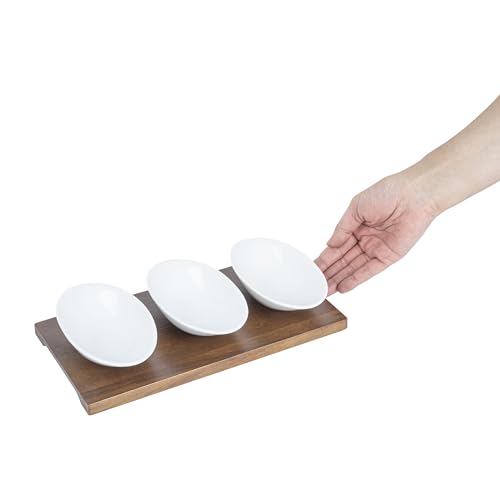 Restaurantware-9 Ounce Bowl Set with Tray - 1 Dishwashable Serving Set, Includes 3 Porcelain Bowls And 1 Bamboo Tray, Durable, White Porcelain And Bamboo Bowl And Platter Kit, Reusable, Freezable - size: Triple set, style: Ellipse