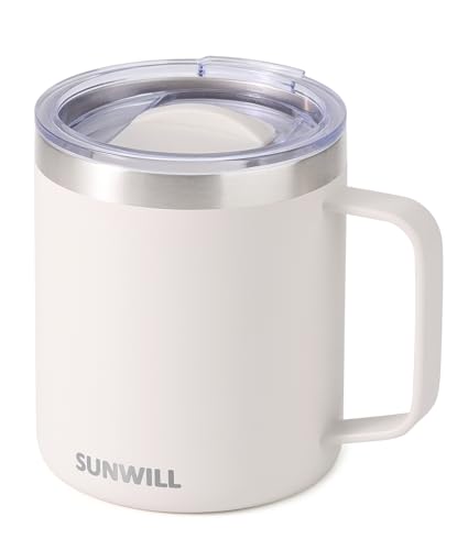 SUNWILL Travel Coffee Mug with Lid, Insulated Tumbler with Handle, 14 oz Stainless Steel Cup for Home, Office, Camping, Powder Coated Cream - color: Powder Coated Cream