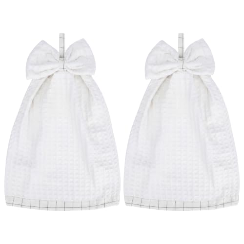 2 Pack Decorative Waffle Weave Hanging Hand Towels with Bowknot | 9x13 inch set. Ideal for kitchen, bathroom. Absorbs water fast, dries hands quickly. 3D bowknot loop. 13" x 9" White - color: White