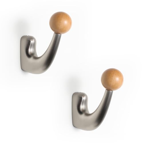 wall-Mounted Light Luxury Coat Hooks, Used for Hanging Coats, Hats, Scarves and Towels, Suitable for Entrance Halls, bathrooms and bedrooms (2, 7110Nickel Brushed Finish + Beech Wood) - color: 7110Nickel brushed finish + beech wood