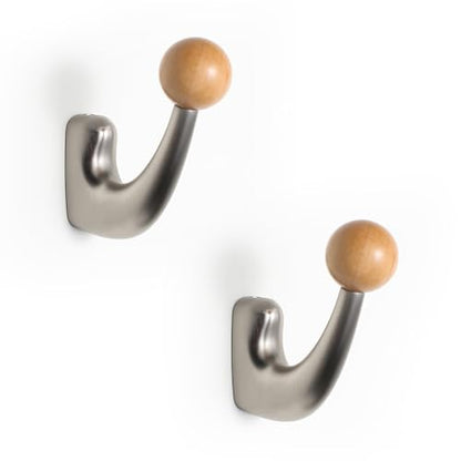 wall-Mounted Light Luxury Coat Hooks, Used for Hanging Coats, Hats, Scarves and Towels, Suitable for Entrance Halls, bathrooms and bedrooms (2, 7110Nickel Brushed Finish + Beech Wood) - color: 7110Nickel brushed finish + beech wood