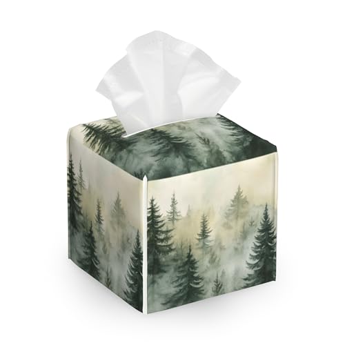 Leather Tissue Box Holder Watercolor Landscape Pine Forest Tissue Box Cover Square Waterproof Holder Organizer Modern Napkin Holder for Bedroom Dresser Night Stand Office Desk - color: Watercolor Landscape Pine Forest