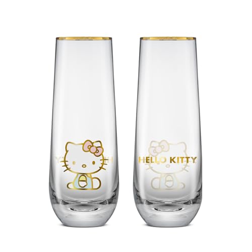JoyJolt Hello Kitty Stay Gold Stemless Flutes, 9.4oz Drinking Glasses Set of 4, Sanrio Highball Glasses, Kawaii Hello Kitty Kitchen Glass Set Ideal for Water Juice Smoothies, Skinny Tall Glasses - style: Hello Kitty