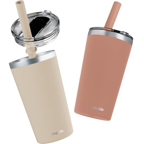 CUPKIN Toddler Tumblers, The Original 12 oz Stackable Stainless Steel Cups, Set of 2 Powder Coated Insulated Kids Water Bottle Alternative + BPA Free Lids + Reusable Silicone Straws (Brown + Peach) - color: Brown + Peach, size: 12 Fl Oz (Pack of 2)