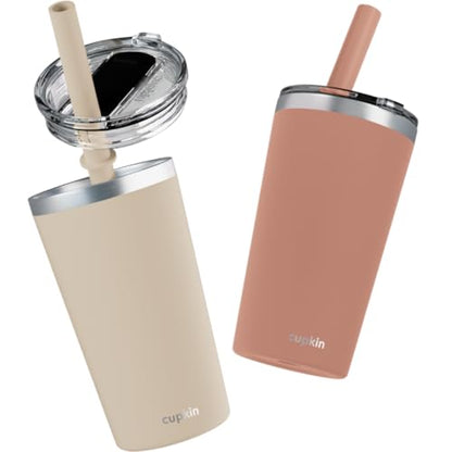 CUPKIN Toddler Tumblers, The Original 12 oz Stackable Stainless Steel Cups, Set of 2 Powder Coated Insulated Kids Water Bottle Alternative + BPA Free Lids + Reusable Silicone Straws (Brown + Peach) - color: Brown + Peach, size: 12 Fl Oz (Pack of 2)